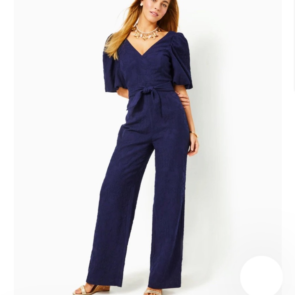 Lilly Pulitzer Blue Kirrabelle Jumpsuit with Puff Sleeves and Tie Waist